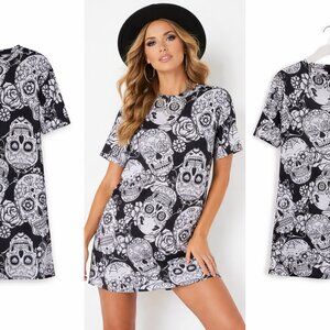 Boohoo Sugar Skull Halloween T-Shirt Dress NWT Size 6